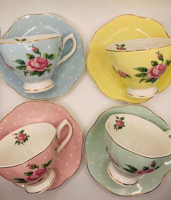BTaT Floral Tea Cups And Saucers, Multi- color Set of 4 with Gold Trim