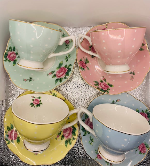 BTaT Floral Tea Cups And Saucers, Multi- color Set of 4 with Gold Trim